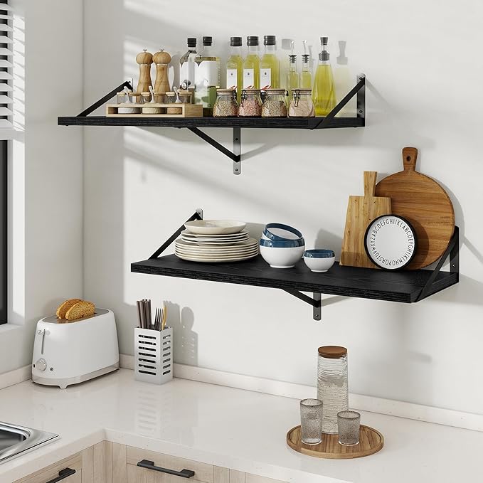 Floating Shelves, 12 Inch Deep Rustic Wood Wall Storage, 24W x 12D Wall Shelves Set of 2, Heavy Duty Metal Brackets, Large Industrial Book Shelf for Living Room, Kitchen, Bedroom, Black