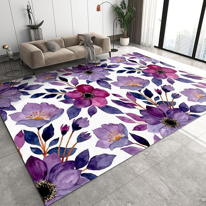 4x6 Area Rug Retro Purple Rose Outdoor Indoor Washable Carpet, White Purple Flowers Art Decorative Rug with Anti-Slip Backing Large Area Rugs for Bedroom Living Room Dining Room Office