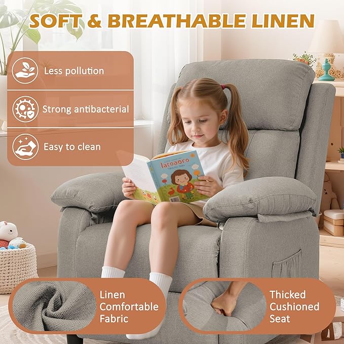 Korser Recliner Chair, Living Room Chairs for Adults, Padded Deep Seat Reading Chair with Side Pockets, Small Recliners for Small Spaces, Lounge Chair for Living Room, Bedroom, and RV (Linen)