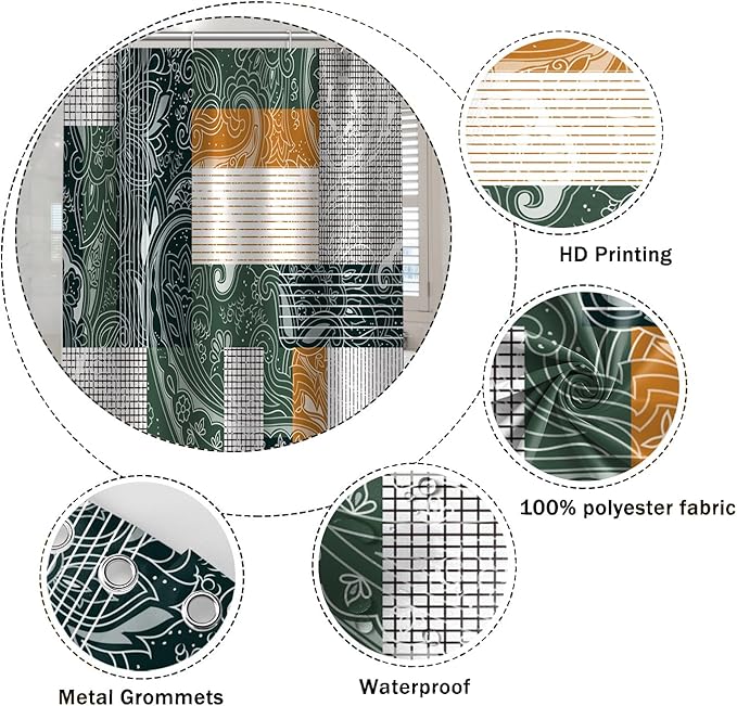 Abstract Boho Shower Curtain Bohemian Paisley Print Modern Geometric Plaid Pattern Shower Curtains for Bathroom Waterproof Fabric Decor Set with Hooks, 65W x 72H Inch