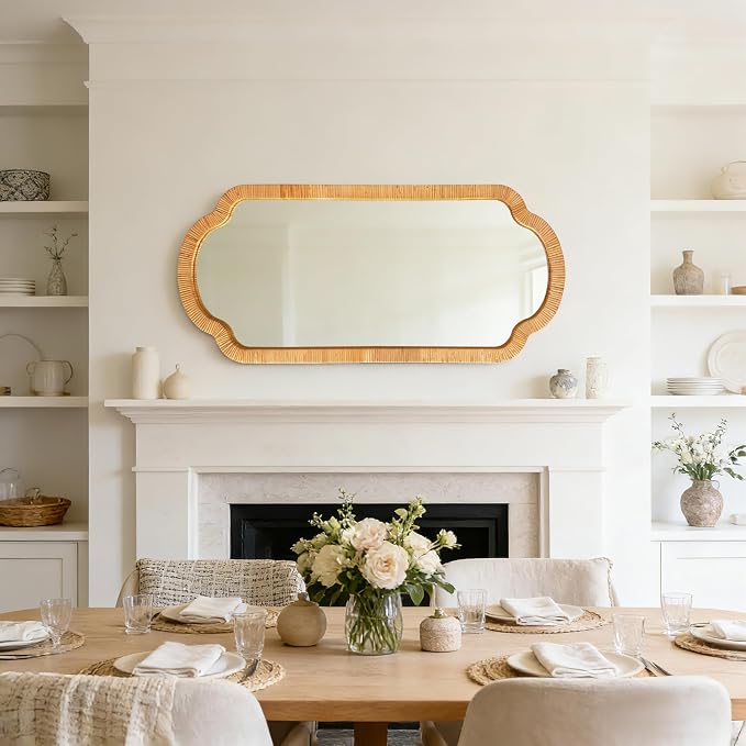 BAODANFU Rattan Wall Mirror,18" x 40" Handwoven Scalloped Decorative Mirrors, Boho Wicker Vanity Mirror for Bedroom, Dressing Closet Living Dining Room, Decor of Entryway Hallway Stairwell