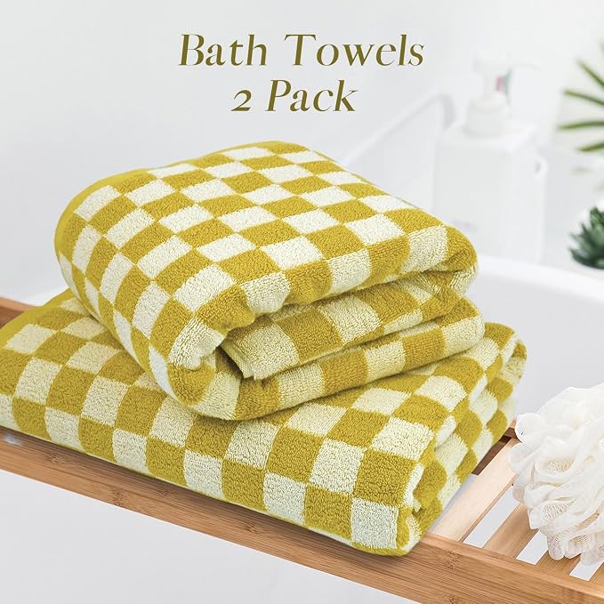 Jacquotha Luxury Bath Towels - Pack of 2 Cotton Fall Bathroom Towels Sets for Body Drying 55x27.5 Inches, Mustard Yellow Checkered