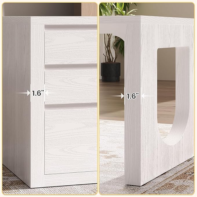SEDETA Modern L Shaped Desk with 3 Drawers, 63" Executive Office Desk with File Drawer, Wood Corner Computer Desk with U-Shaped Legs & Relief Texture, Home Office Desk with Power Outlet, White