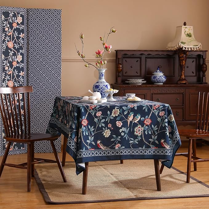 patdrea Designer Vintage Dark Blue Linen Rectangular Tablecloth,Navy French Floral and Birds Pattern Table Cloth,Decoration Table Cover for Kitchen,Dining,Tea Party,Home,Christmas,55"*79"