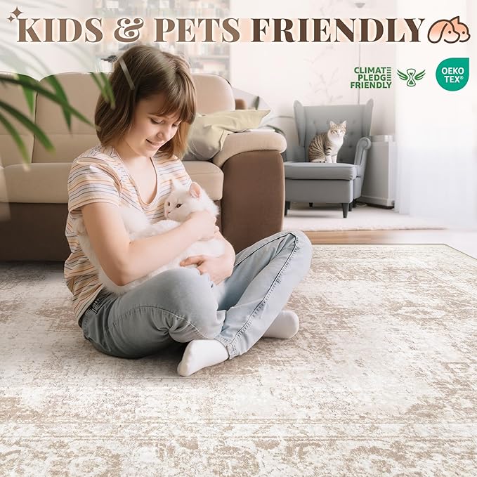 Area Rug 6x9 Vintage Rug: Washable Indoor Medallion Rugs Low Pile Distressed Floor Carpet Retro Accent Rug for Living Room Bedroom Kitchen Dining Table Home Office(Beige, 6'x9')