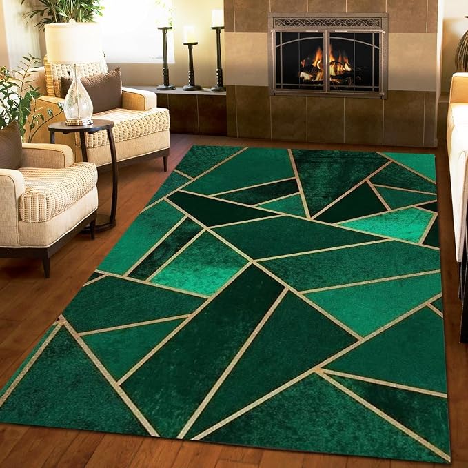 3x4 Area Rugs Emerald Green Gold Geometry Home Decor Rug, Golden Line Art Geometry Easy Clean Carpet for Living Room Bedroom Kitchen Dining Room Home Office Floor Rug