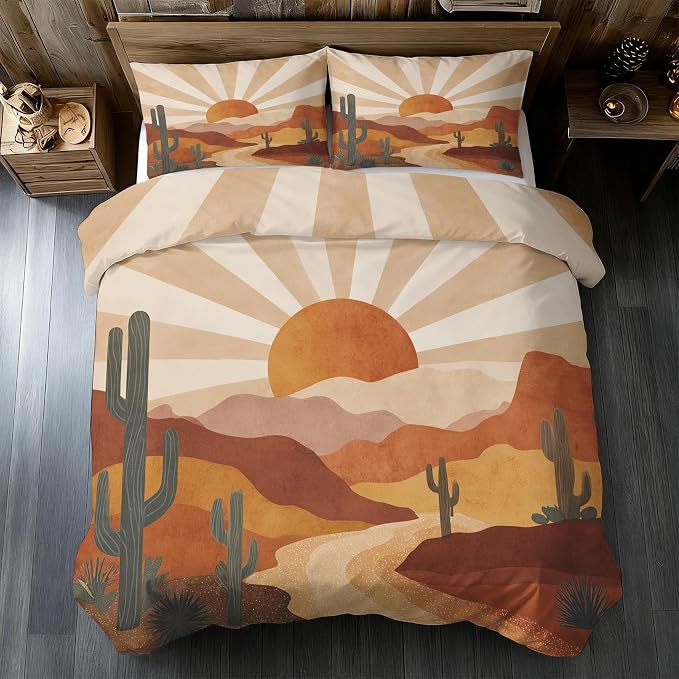 Boho Sun Duvet Cover California King Size, Mid Century Bedding Set 3 pcs with 2 Pillow Covers, Retro 70s Bedroom Decor, Soft Microfiber Reversible, Zipper & Ties KJJT 81