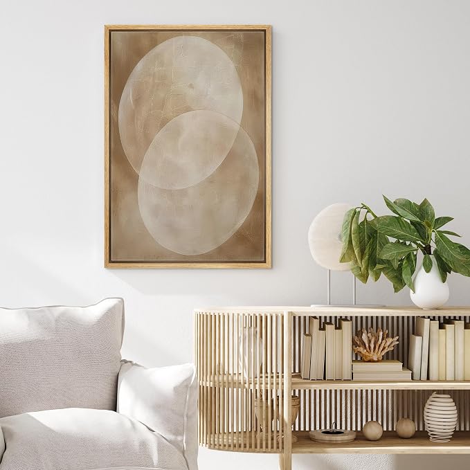 MUDECOR Framed Canvas Print Wall Art Neutral Beige Overlapping Circles Abstract Illustrations Fine Art Mid-Century Modern Multicolor for Living Room, Bedroom, Office - 16"x24" NATURAL
