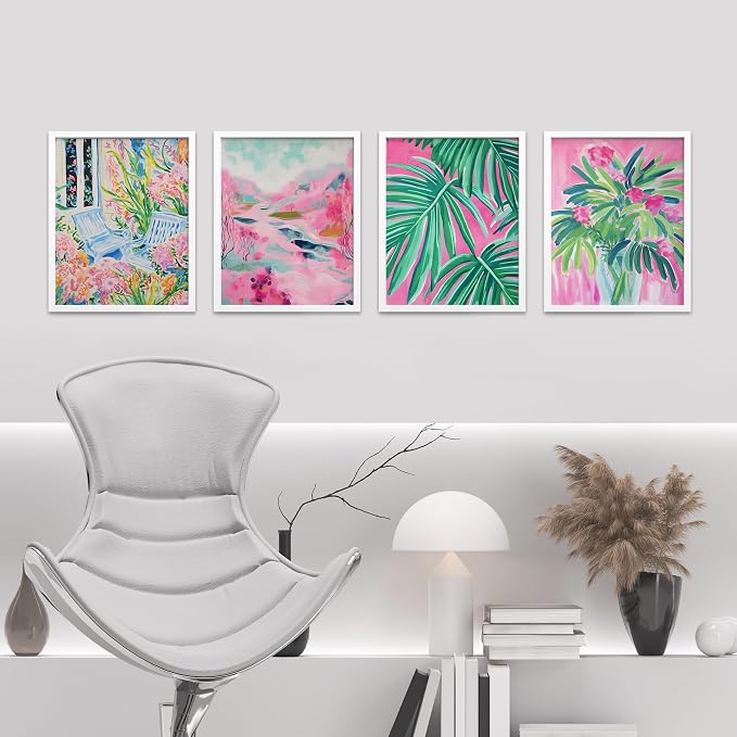 SIGNWIN Framed Tropical and Floral Bright Botanical Preppy Room Decor Pink Decor Digital Art Modern Art Decorative Multicolor Scenic for Bedroom - 8"x10"x 4 White