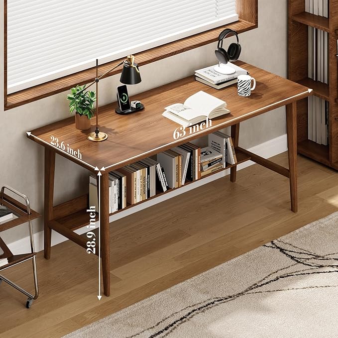 63" Solid Wood Office Desk, Mid-Century Modern Computer Desk with Storage Shelf, Large 2-Person Writing Study Table Workstation for Home Office, Walnut Finish