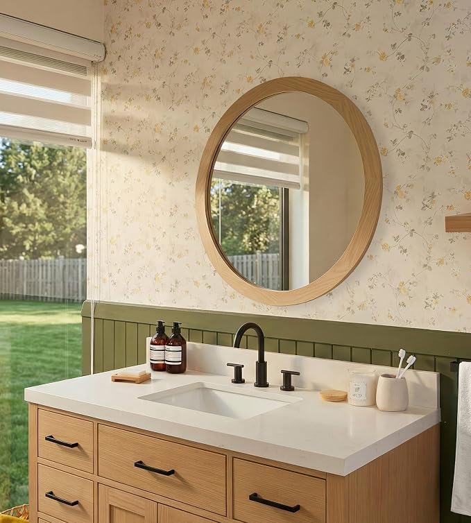 ARIEL Round Wooden Mirror 30" in Natural Oak, Wood Circle Wall Mirror for Bathroom, Vanity, Entryway & Living Room Decor, Farmhouse Style