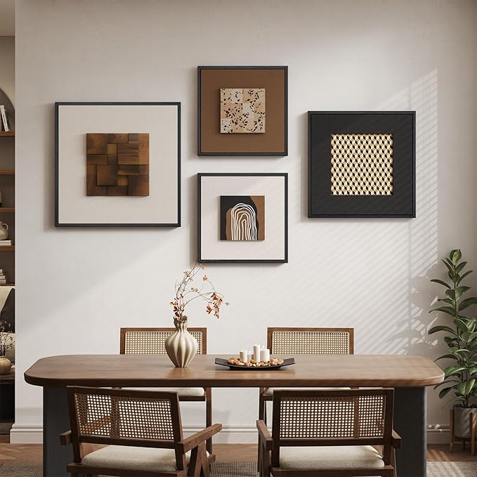 Large Framed Wood Wall Art for Living Room, 4 Piece 3D Abstract Modern Neutral Textured Wall Decor, Minimalist Black Brown Beige Geometric Wooden Artwork for Dining Room, Hallway, Office