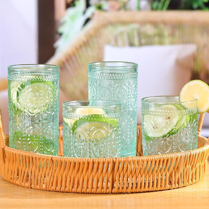Darlion 6 Pack Highball Embossed Beverage Glass Cup, 12oz Green Glassware Drinking, Vintage Drinking Glasses, Colored Water Glasses for Party Wedding Home Office and Gift