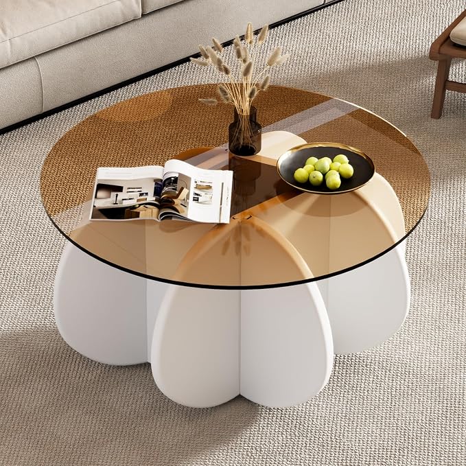 Glass Coffee Table, Mid Century Modern Design, 31.5'' Modern Round Tempered Glass Coffee Tables for Living Room, Cocktail Table for Small Space Home Office. (White + Brown)