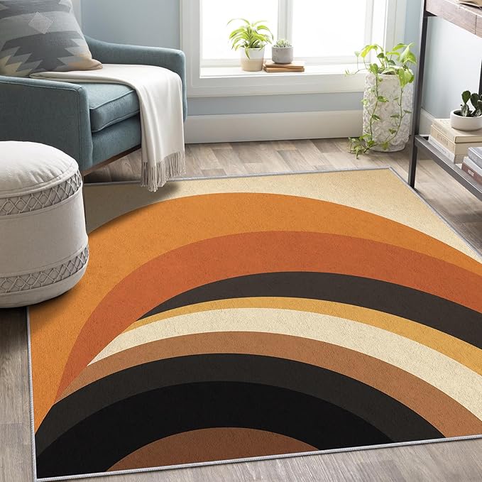 Retro Arch Rugs for Bedroom - Washable Mid Century Modern Rugs for Living Room - 6x8 ft - Abstract MCM Design Area Rug & Home Decor - 70s Minimalist Indoor Carpet with Non Slip Backing