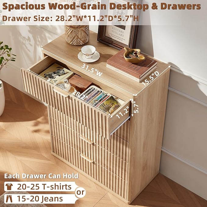 LEYAOYAO Fluted 5 Drawers Dresser for Bedroom, 41" Tall Modern Chest of Drawers with Metal Handle, Curved Profile Farmhouse Closet Organizer Wood Dressers TV Stand for Living Room, Natural