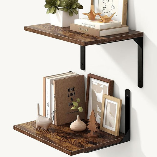 Fun Memories Rustic Brown 12 Inch Deep Floating Shelves Set of 2, Wall Mounted Shelf with Metal Brackets, Rustic Wood Wall Shelf for Bathroom, Kitchen and Living Room, Rustic Brown, 16W x 12D