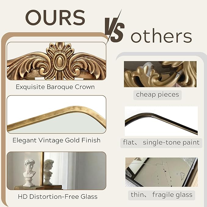 PERFNIQUE Vintage Mirror, 30" X 19" Arched Antique Baroque Mirror, Gold Traditional Wall Decor, Ornate Decor Anthro Look Alike Decor for Bathroom Living Room Fireplace Entryway Mantle Hallway