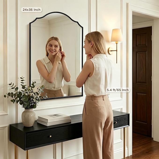 Besdomus Scalloped Black Mirror for Bathroom: 24"x36" Minimalist Modern Arched Mirror - Wooden Frame Wall for Vanity/Bedroom/Mantle/Entryway/Fireplace/Hallway - Idea for Housewife