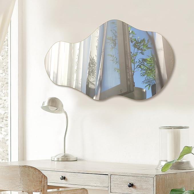 PERFNIQUE Irregular Wall Mirror Asymmetrical Mirror, 28''x17'' Decorative Modern Mirror for Bathroom Bedroom Living Room Entryway, Cloud Frameless, Wall Mounted (28''x17'', Cloud)