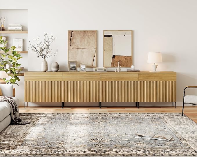WAMPAT 126" W Large Sideboard Buffet Cabinet with Storage,4 in 1 Fluted Sideboard Buffet with 8 Doors, Wooden Buffet Table, Coffee Bar Wine Bar Cabinet for Kitchen, Dining Room, Living Room, Oak