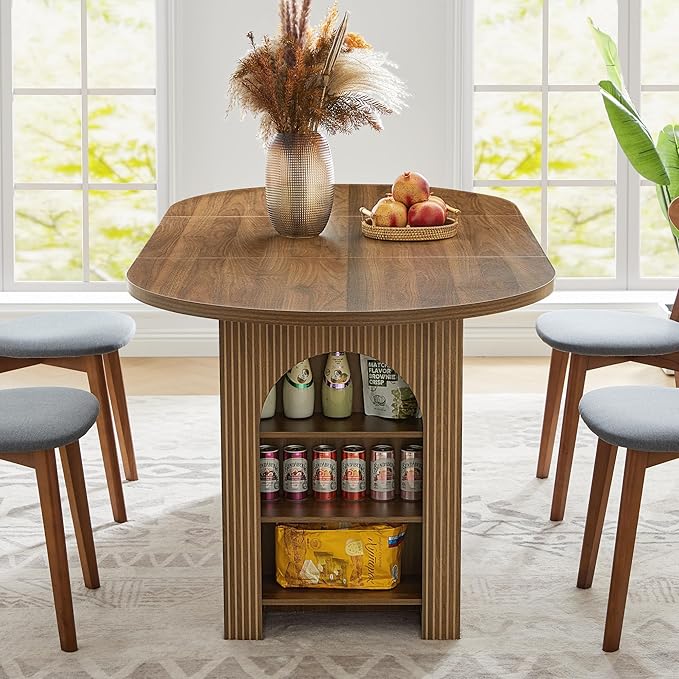 70.8" Oval Dining Table with Dual Side Storage Shelves, Rustic Farmhouse Table for 4–6 People, Modern Wooden Round Dinner Table for Kitchen, Reception, or Living Room (Walnut, Table Only)