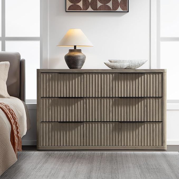 SICOTAS Dresser for Bedroom 53.5" Wide 6 Drawer Dressers & Chests of Drawers for Closet Long Large Modern TV Stand Set for Clothes Storage Fluted Clothes Closet for Hallway Entryway, Grey Alder