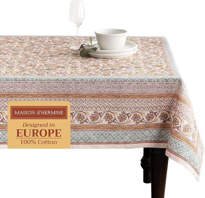 Maison d' Hermine Table Cloth Rectangle Table 100% Cotton 54 x 72 Inches Fall Tablecloth Reusable Everyday Use for Thanksgiving Christmas Decorations Dining Farmhouse Party (Nila)