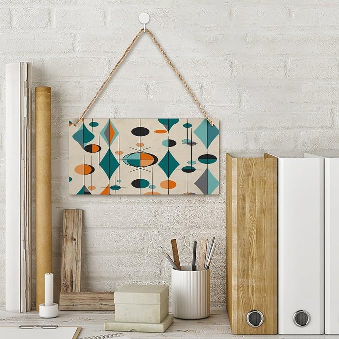 Wooden Hanging Plate, Mid Century Geometric Print Wall Hanging Plaque Hanging Decor Wall Decor Wooden Sign Decorative Sign