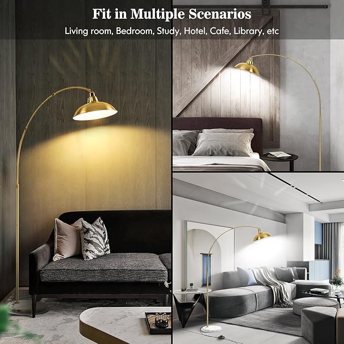 Gold Brass Arc Floor Lamp for Living Room - Mid Century Modern Standing Lamp, Overhanging Floor Lamps, Arch Stand Up Lamp & Floor Light with White Marble Base, Ideal for Bedroom Study Room