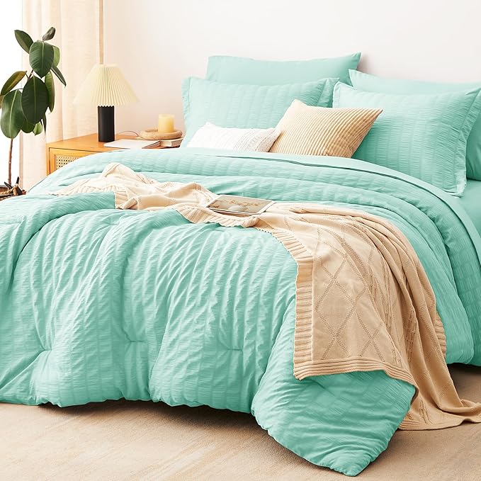 CozyLux King Size Comforter Set Mint Green, 7 Pieces Seersucker Textured Luxury Bed in a Bag, All Seasons Soft Bedding Sets with Down Alternative Comforter, Sheets, Pillowcases & Shams, Home Gift