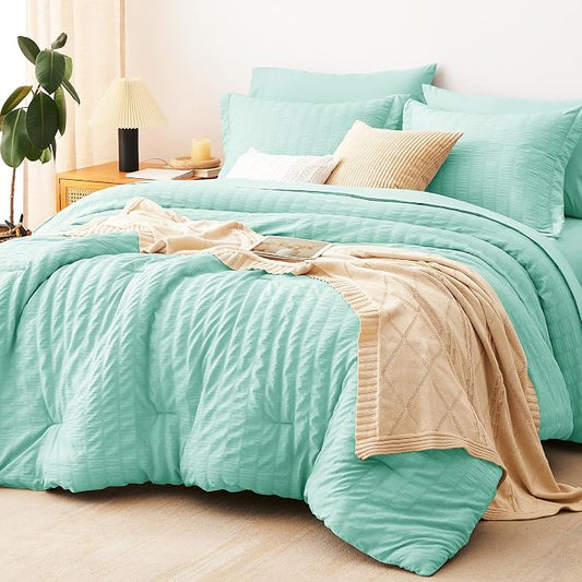 CozyLux Full Size Comforter Sets Mint Green, 7 Pieces Seersucker Textured Luxury Bed in a Bag, All Seasons Soft Bedding Sets with Down Alternative Comforter, Sheets, Pillowcases & Shams, Home Gift