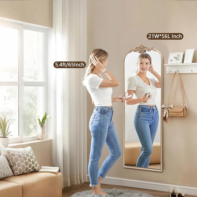 Besdomus Arched Mirror Full Length: 21"x56" Champagne Gold Vintage Full Body Mirror - Floor Antique Baroque Traditional Ornate for Entryway/Cloakroom/Bedroom - Home Decor for Fashion-Conscious