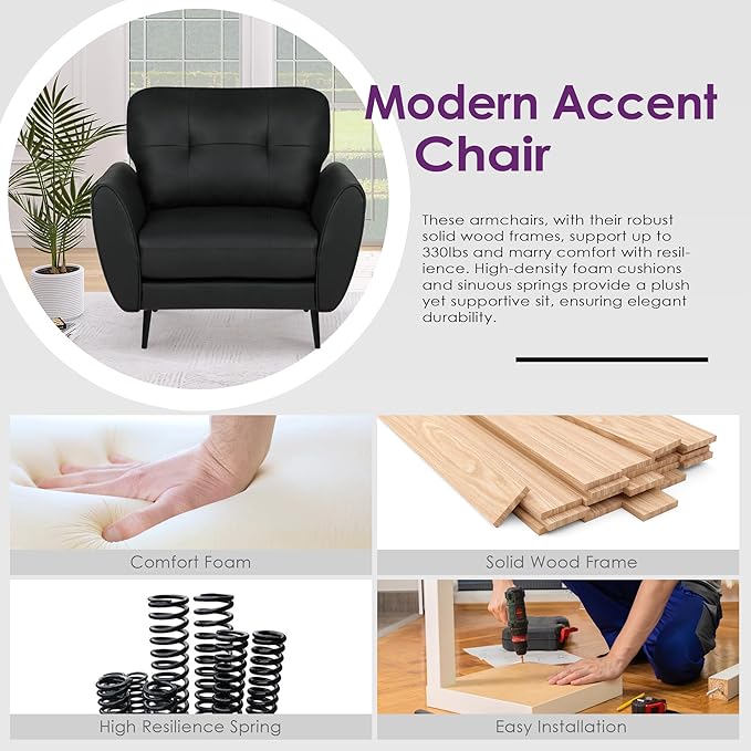 TYBOATLE Accent Chair Comfy Modern Living Room Chair Black Leather Reading Accent Chairs Tufted Mid Century Moden Arm Chair Small Salon Chair for Office Bedroom (1, Black)