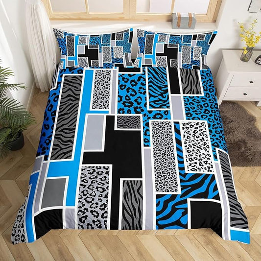 Erosebridal Leopard Zebra Print Duvet Cover King Blue Black Geometric Stripe Patchwork Bedding Set Rustic Animal Skin Texture Comforter Cover for Kids Teen Adults,Jungle Wildlife Bed Set