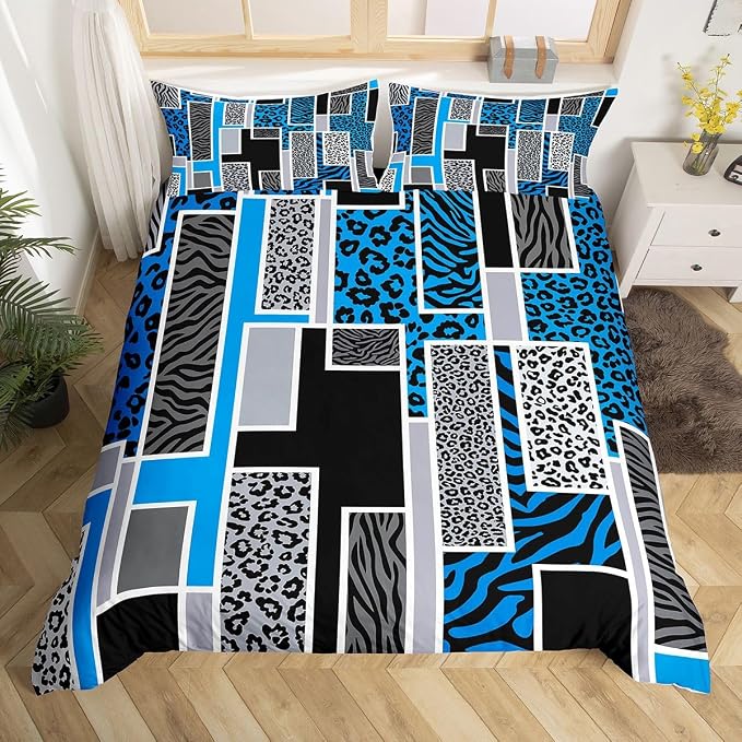 Erosebridal Leopard Zebra Print Duvet Cover Full Blue Black Geometric Stripe Patchwork Bedding Set Rustic Animal Skin Texture Comforter Cover for Kids Teen Adults,Jungle Wildlife Bed Set