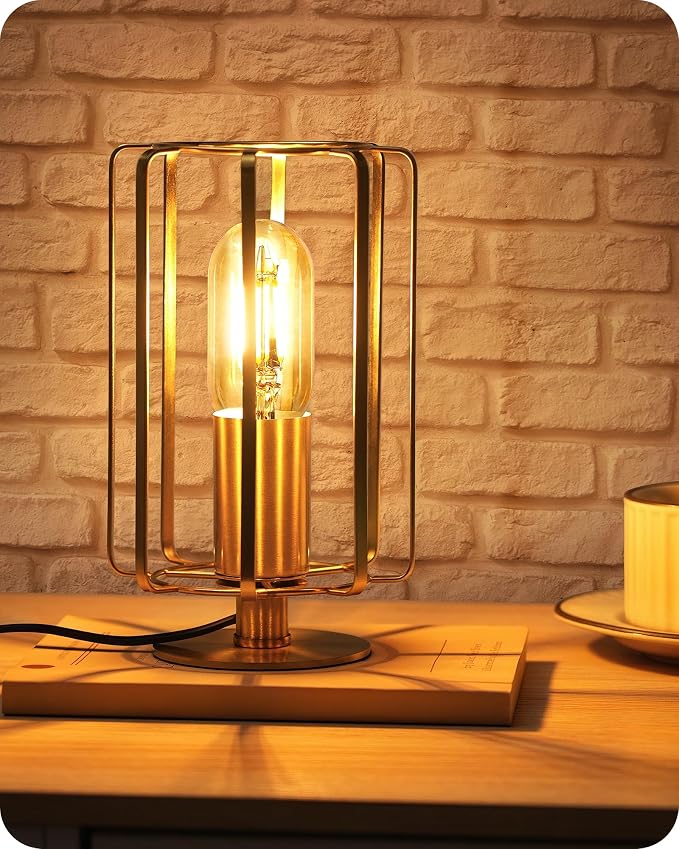 Industrial Table Lamp, 8.5" Small Brass Table Lamp with Dimmable 2400K Warm Light LED Bulb, Vintage Brass Desk Lamp, Gold Bedside Lamp for Bedroom, Study, Office, Small Space, D05TL05