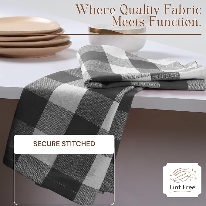 Gray Buffalo Plaid Checked Dish Towels 12 Pack, 100% Cotton, 16x26 Inches, Super Absorbent, Quick Drying, Soft, Lint-Free, Durable Tea & Bar Towels with Hanging Loop, Grey and White