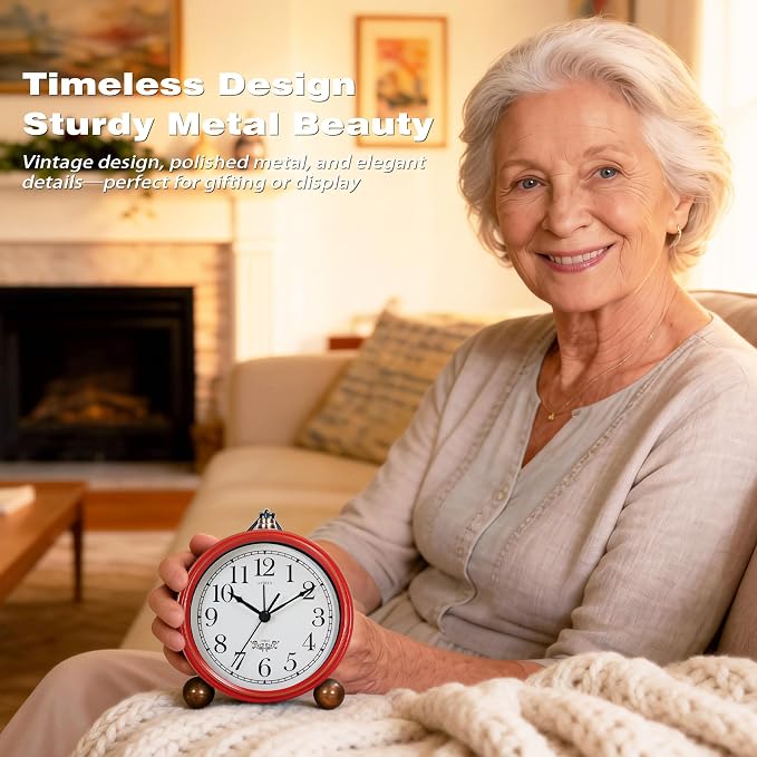AYRELY® 5.3" Vintage Analog Alarm Clock, Battery Operated Metal Desk Clock, Retro Table Clock with Light for Living Rooms, Bedrooms, Shelf, Home Decor (Red-White)