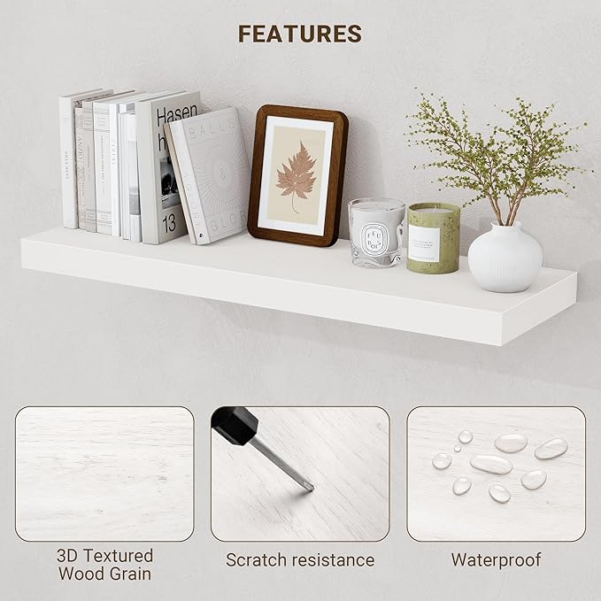 24 Inch Floating Shelves, 24"x9.25"x1.5" Inch Deep Floating Shelves for Wall, Wooden Shelves for Bathroom, Bedroom, Living Room, Cream White Oak, 2 Pieces