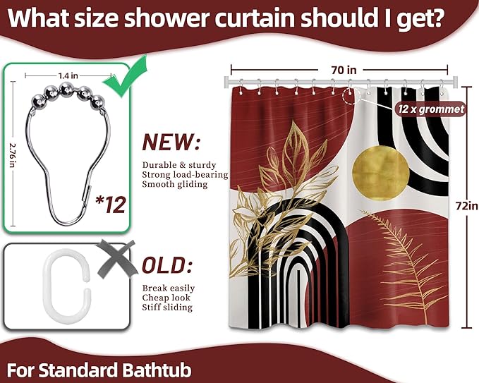 Black and Red Shower Curtain Boho Mid Century Burgundy Dark Red and Gold and White Shower Curtains for Bathroom Decor, Waterproof Cloth Fabric with Hooks, 70" W x 72" L