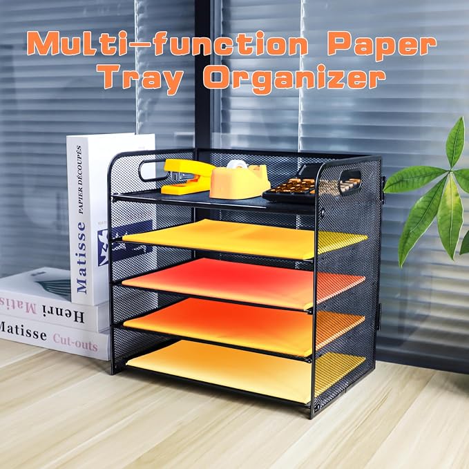 5-Tier Paper Letter Tray Organizer with File Holder，Paper Sorter Desk Organizer Metal mesh Desk Tray for Home Office School
