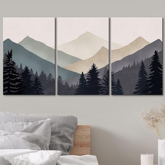 wall26 Canvas Print Wall Art Set Blue Gray Duotone Mountain Forest Abstract Nature Illustrations Modern Art Nordic Decorative Wilderness Zen Minimal Boho for Living Room, Bedroom, Office - 24"x36"x3