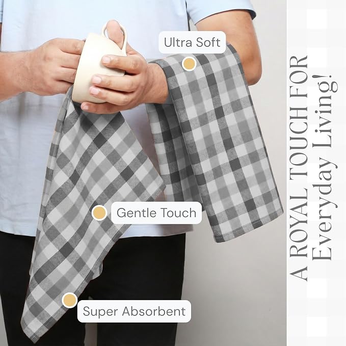 Checked Kitchen Towels 12 Pack, 18x26 Inches, Absorbent Dish Cloths, Reusable and Washable Tea Towels for Drying and Cleaning, Quick Dry Wash Rags - Light & Grey, Natural