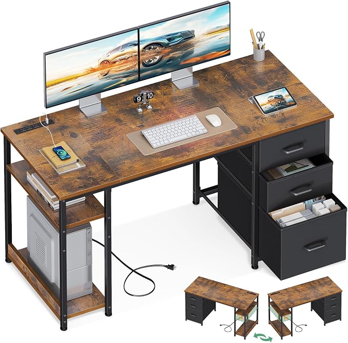 AODK 51 Inch Computer Desk with Drawers & USB Power Outlets, Reversible Home Office Desk with Storage Shelves, Work from Home, Modern Work/Writing/Study Table for Bedroom, Vintage