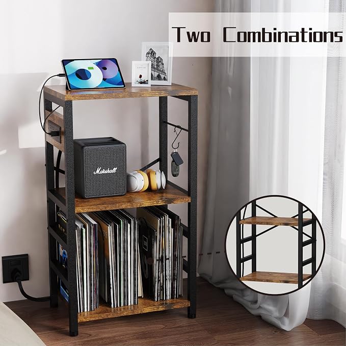YAKANJ End Table with LED Light,Record Player Stand with Charging Station,Vinyl Records Storage,Turntable Stand Albums Storage for Music Room Studio-Modern Brown