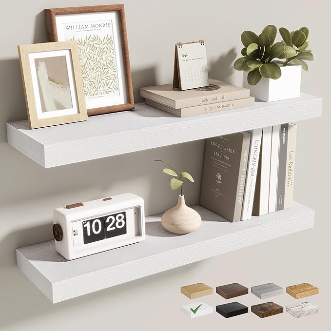 24 Inch Floating Shelves for Wall 2 Pack, 24" Wall Shelves for Books, Storage, Decor, Wall Mounted Floating Shelf with Invisible Brackets for Kitchen, Living Room, White