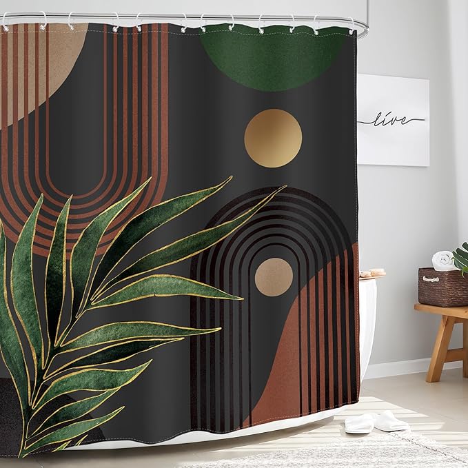 Glawry Dark Green Brown Boho Shower Curtain Abstract Mid Century Retro Tropical Leaves Modern Geometric Bathroom Minimalist Arch Sun 60Wx72L Inches Bath Accessories Art Home Decor Fabric 12 Pack Hooks