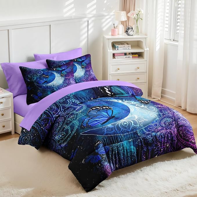Nesker 7 Pcs Comforter Set Queen Size, Dream Butterflies Floral Bedding Set for Kids and Adults, Fantasy Starry Moon Bed Sheet Sets with Fitted Sheet 2 Pillowcases & 2 Shams