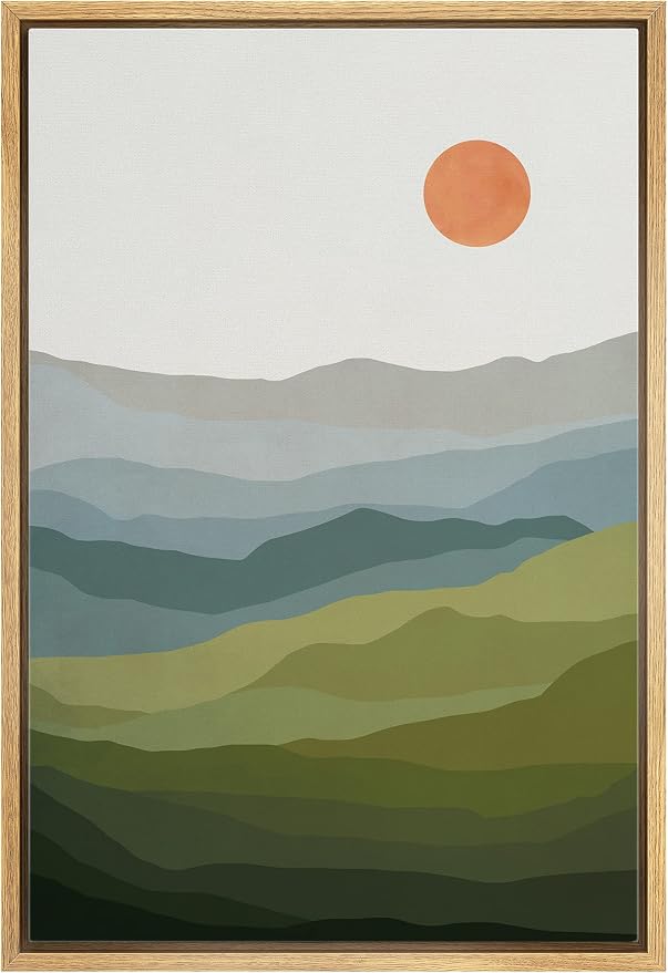 Woodrose Framed Canvas Print Wall Art Green, Blue & Gray Mountain Landscape Abstract Shapes Illustrations Modern Art Minimalist 3D Colorful Ultra for Living Room, Bedroom, Office - 16"x24" NATURAL